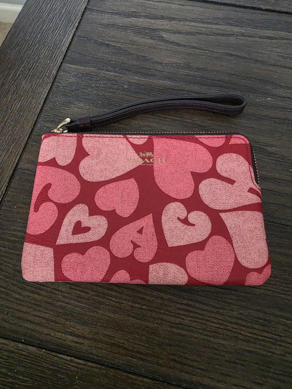 Coach Heart-Print Wristlet in Red and Pink